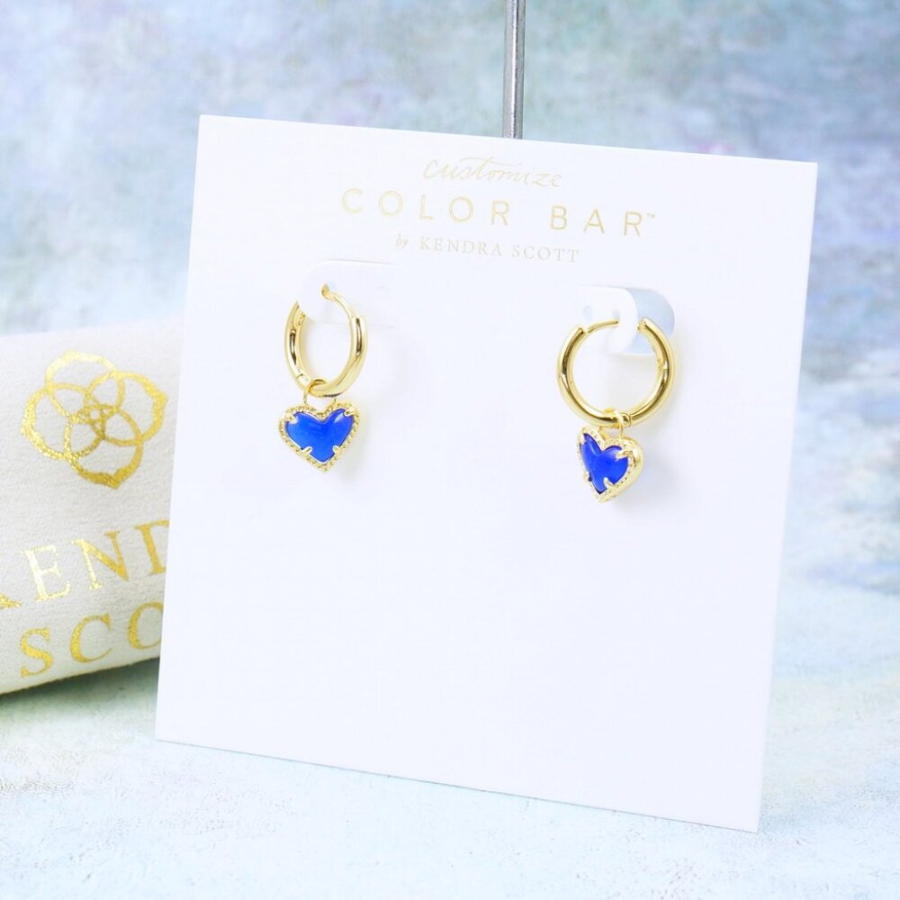 Kendra Scott Ari Heart Huggie Cat's Eye Cobalt Blue Earrings Gold September - Picture 2 of 4